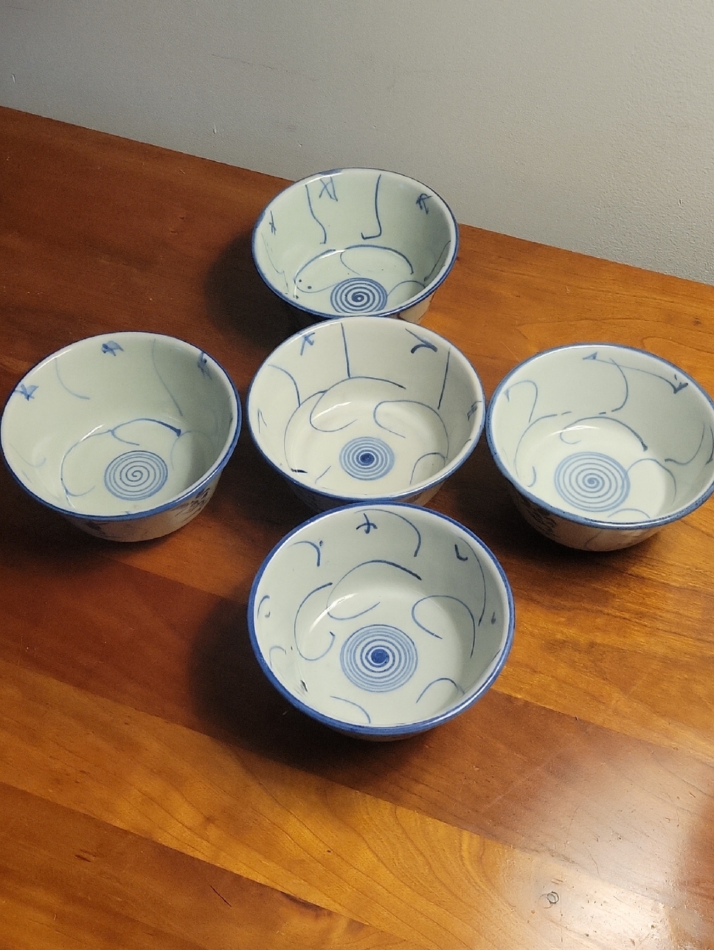 Vintage Chinese Porcelain Blue and White Serving Bowls Set Of Five